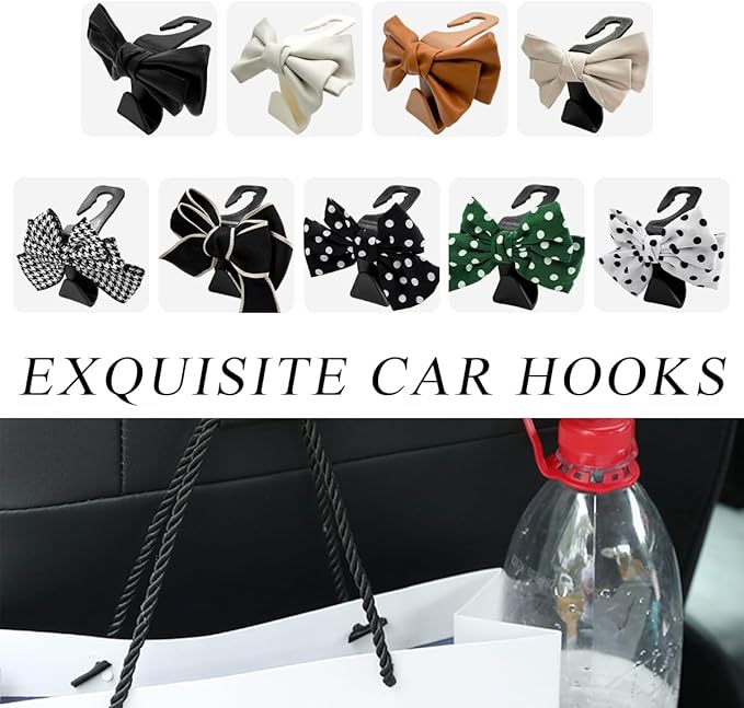 2 PCS Car Seat Headrest Hooks, Cute Bow Shaped Vehicle Backseat Storage Hooks, Leather Bow Shaped Sturdy Car Seat Back Hooks for Purses/Coats/Umbrellas, Car Accessories (Black Dot)