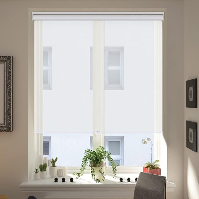LUCKUP Light Filtering Roller Shades for Windows, Cordless Semi Sheer Solar Blinds with 5% Openness Free-Stop Window Shades for Home & Office, White 32" W x 72" L