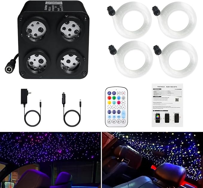 AMKI Updated 4Color Twinkle 36w Starlight Headliner Kits 1200pcs 0.03in 13.1ft Fiber Optic Light Cable 4 Ports Starlight Box App/Remote Control Sound Mode for Car Home Ceiling Decoration