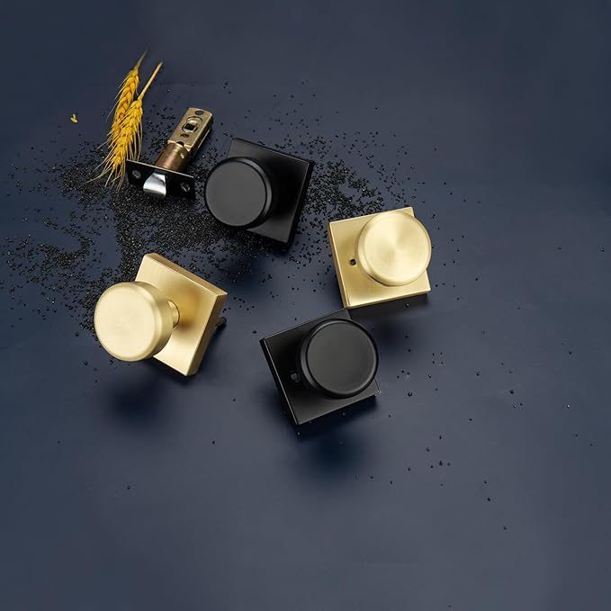 6 Pack Brushed Gold Door Knob with Square Rosette, Heavy Duty Door Knob with Lock, Interior Door Handles for Bath & Bed,