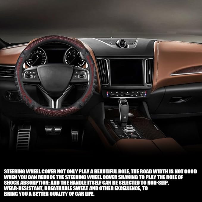 Car Steering Wheel Cover, Anti-Slip Leather Breathable Comfortable Automotive Steering Wheel Cover Protector Decoration for Men and Women, 15 Inch Universal for SUV, Truck, RV(Wine Red)
