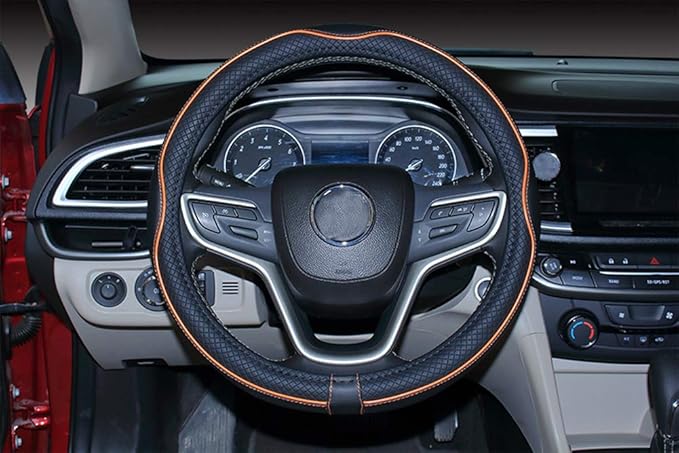 Mayco Bell Universal Standard Size Steering Wheel Cover Anti-Slip,Safety,Soft,Breathable,Durable,Full Surround,Comfortable Grip Microfiber Leather (14.5-15 inch,Black Orange)