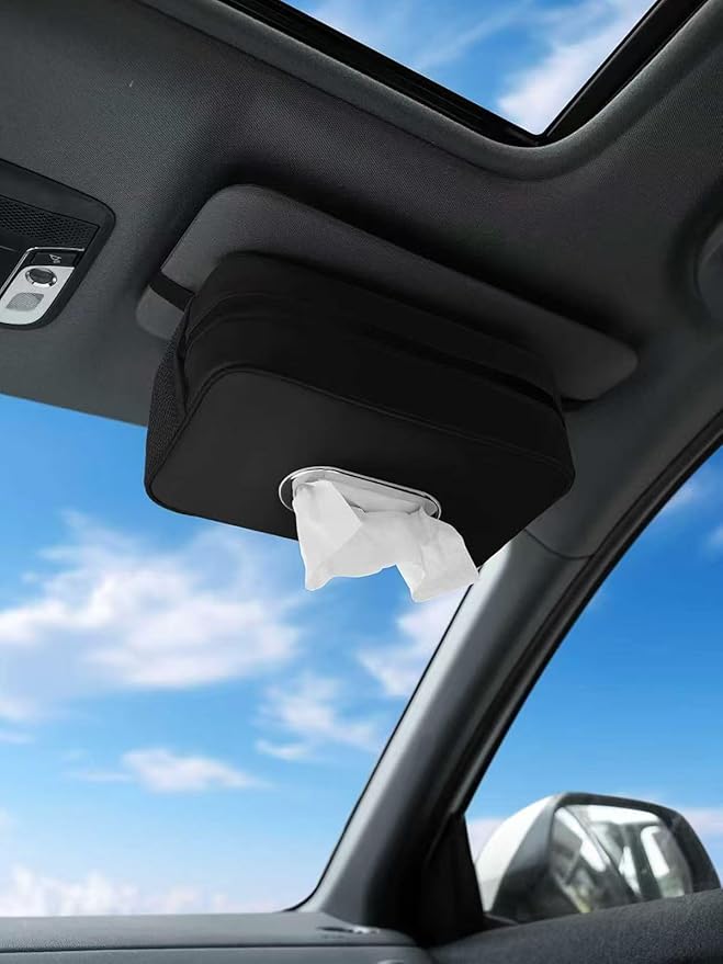 Multi-Functional Car Tissue Holder with 2 Storage Nets, Upgraded PU Leather Tissue Box Cover, Large Rectangle Napkin Organizer Fit for 100-160 Regular Size Tissues, Keep Car Tidy, Black
