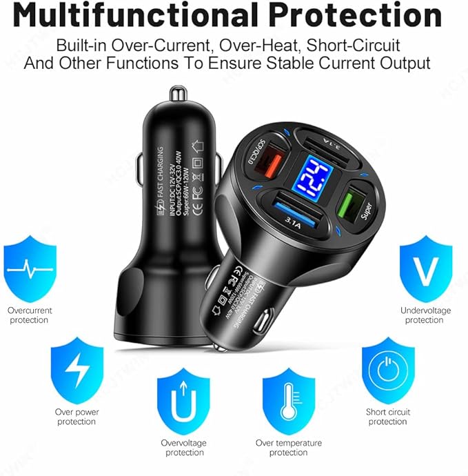 66W Multi Port Car Charger Adapter with Voltage Monitor, 4 USB QC3.0 Super Fast Charge Cigarette Lighter USB Charger, Compatible with iPhone/Android/Samsung/iPad Pro/and More (Black)
