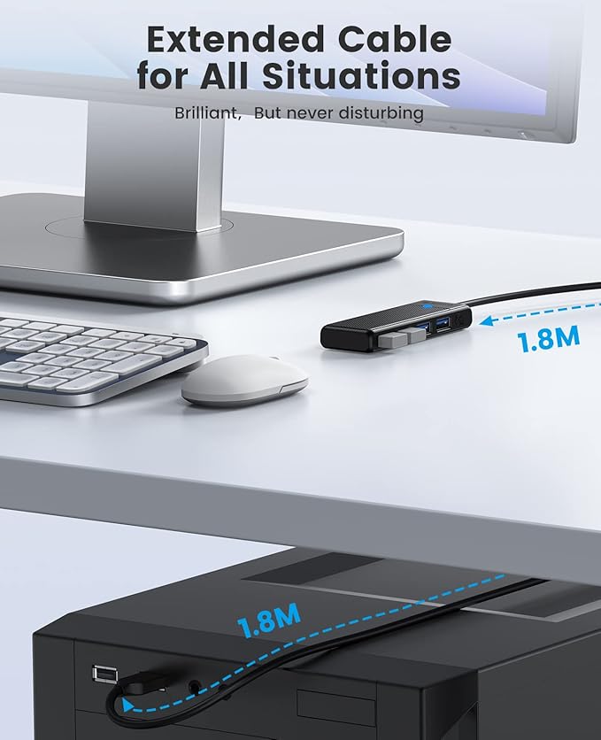 ORICO USB 3.0 Hub, 4-Port USB Hub with 6Ft Long Cable, Ultra Slim USB Splitter for Laptop MacBook Pro, iMac, Surface Pro, XPS, PS5,PC, Flash Drive, Mobile HDD