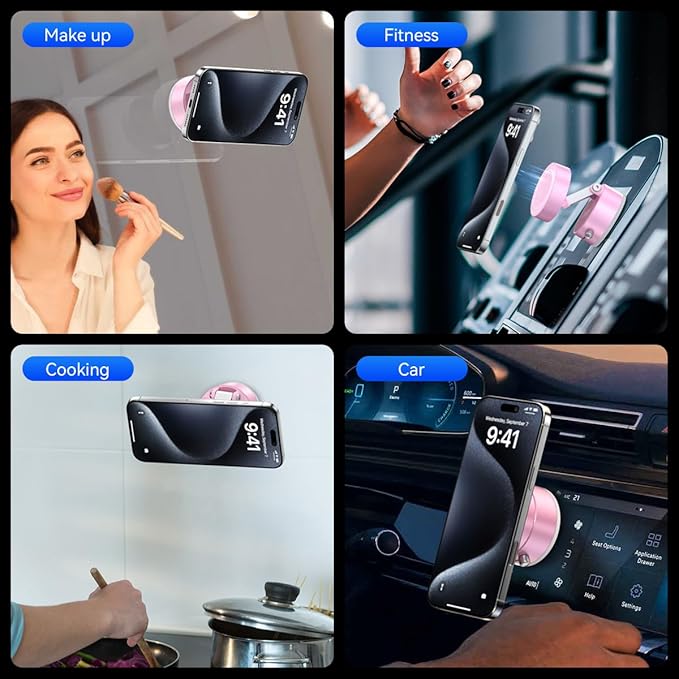 Vacuum Magnetic Suction Phone Holder,Upgraded 360° Adjustable Suction Cup Car Phone Mount,Hands-Free Cell Phone Holder for Car/Gym/Mirror/Smooth Surface,Compatible with iPhone 16/15/14/13/12 (Pink)