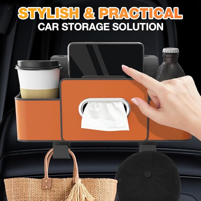 Back Seat Car Organizer,3 in 1 Car Backseat Storage Box with Cup Holder,Tissue Box,Trash Bin&Hooks,Multifunctional Waterproof Storage for Hold Phones Snacks Drinks Handbags (2, Brown)