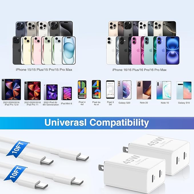 πππππ€ π°π±πͺ Dual Port iPhone 17 16 15 Fast Charger, USB C Charging Block and 10ft Type C to C Cable Cord Long for Apple iPhone 17 Pro Max/17 Air/16 Pro/15 Plus/iPad/Air/Mini,Wall Plug Cube Brick