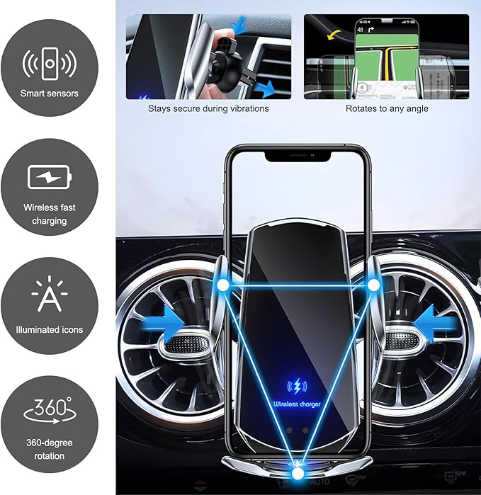 Wireless Car Charger, 15W Fast Charging Mount Electric Induction Car Phone Holder, Universal Auto-Clamping Magnetic Charger Air Vent Mount Bracket for Most Smartphones (Silver)