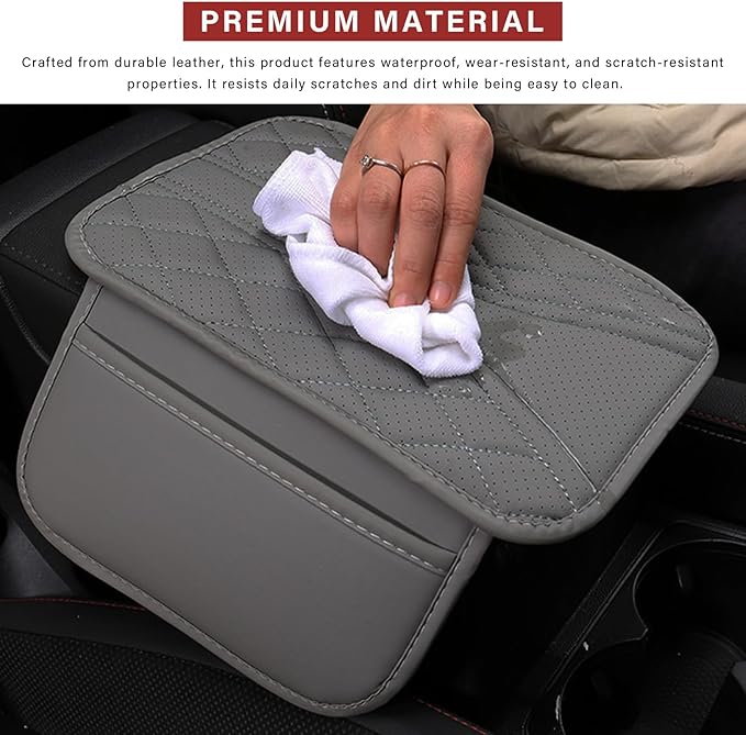 Car Center Console Cover, Leather Auto Armrest Cushion Pad with Two Storage Pockets, Waterproof Arm Rest Box Mat Protective Cover for Sedan SUV Truck, Car Accessories (Black)