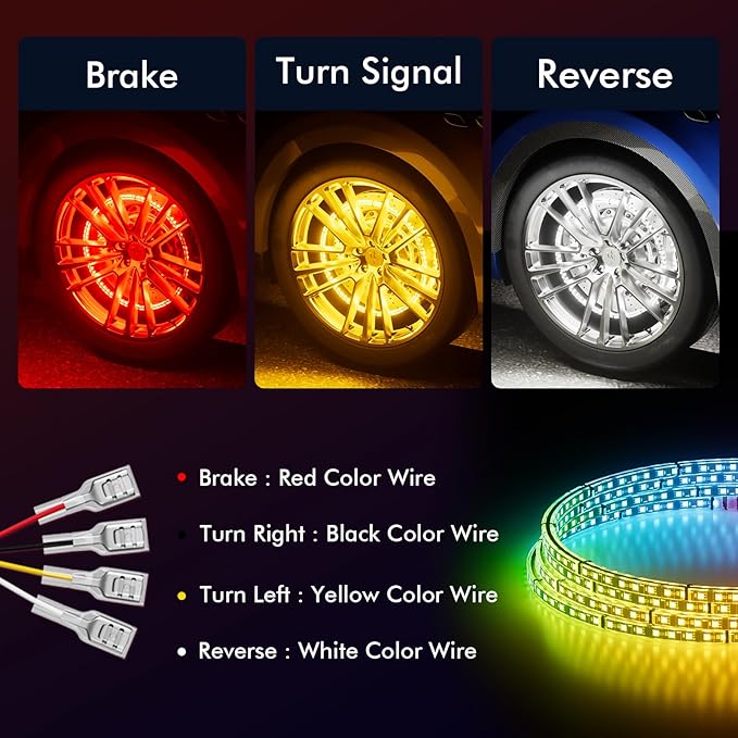 Ehaho 17" Double Row Wheel Lights, Brighter RGB Dream Chasing LED Rim Lights with App & Remote Control, Music Wheel Ring Light with Turn & Braking Signal Compatible with Various Trucks SUV Car(4PCS)