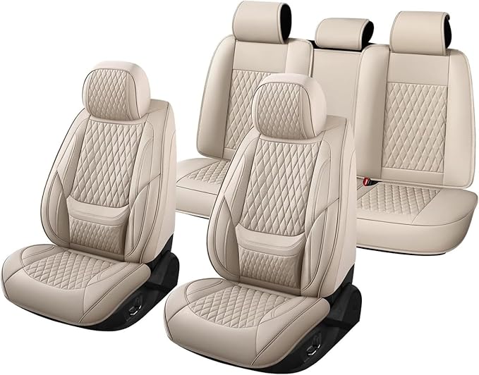 Car Seat Covers Full Set Custom Fit for Ford Focus 2000-2018 - Premium Faux Leather with Lumbar Support | Breathable, Waterproof, Anti-Slip, Durable (Beige,Full Set)