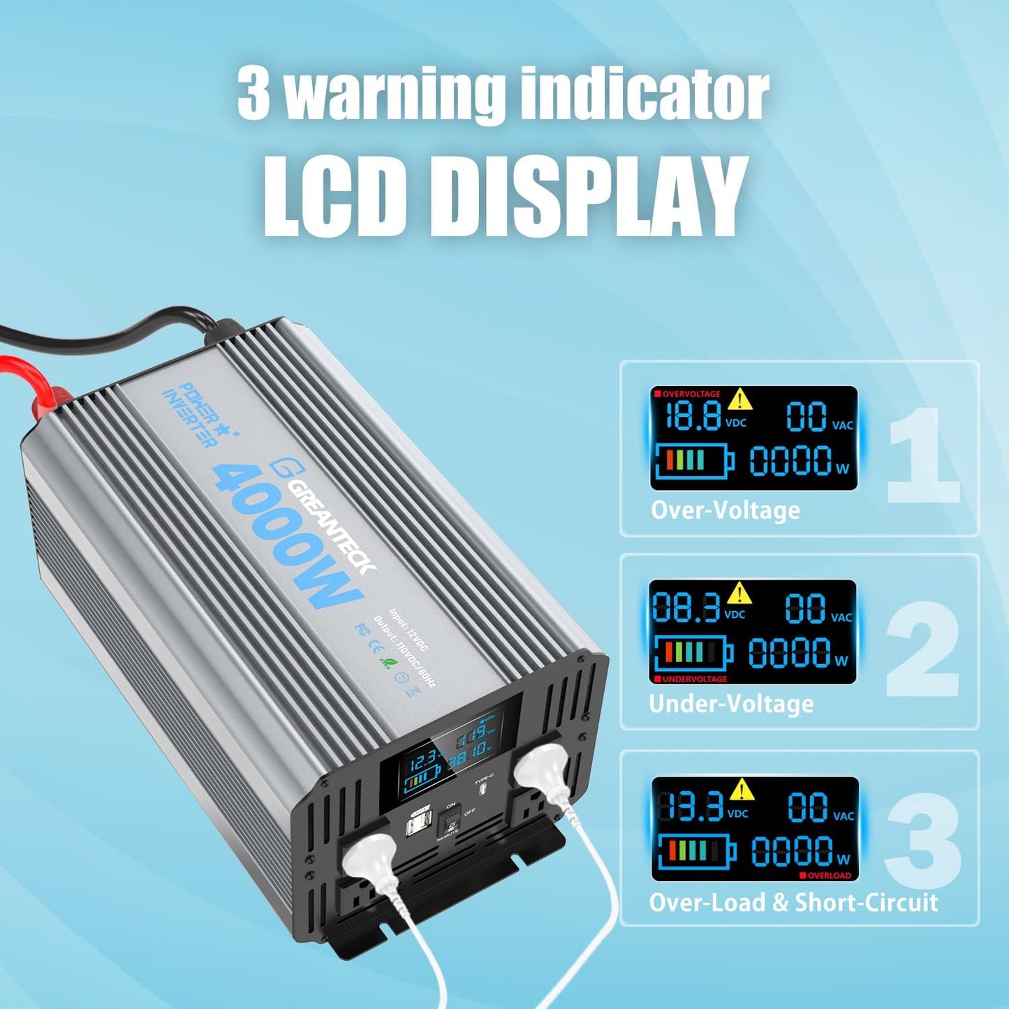 4000 Watt Modified Sine Wave Inverter, 12V Power Inverter, Four 110 / 120V DC to AC Outlets,Type-C Port,Dual Fast Charge USB Ports, LCD Display, Remote Control for Home RV Solar Car Emergency Off Grid