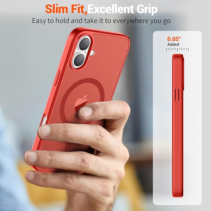 SUPFINE Magnetic for iPhone 16 Plus Case (Compatible with MagSafe) (Military Grade Drop Protection) Slim Translucent Matte Shockproof with Anti-Fingerprint Phone Case, Red