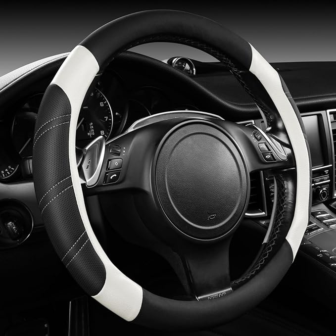CAR PASS Leather Steering Wheel Cover and Waterproof Car Floor Mats, Microfiber Universal Car Combo Fit for 95% Sedan SUV Van,14.5-15 inch Sporty Anti-Slip Safety Comfortable Design, Black&White