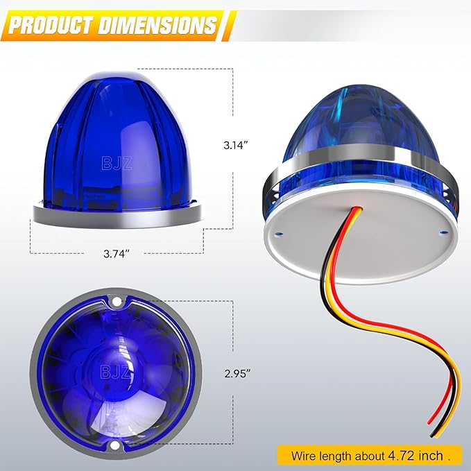BJZ 2Pcs Blue Watermelon LED Strobe+Constant Marker Lights Dual Function Watermelon-shaped Side Marker Clearance Tail Top Cap Roof Lights for Trailer Truck Semi-trailer Heavy-duty Truck Bus Van