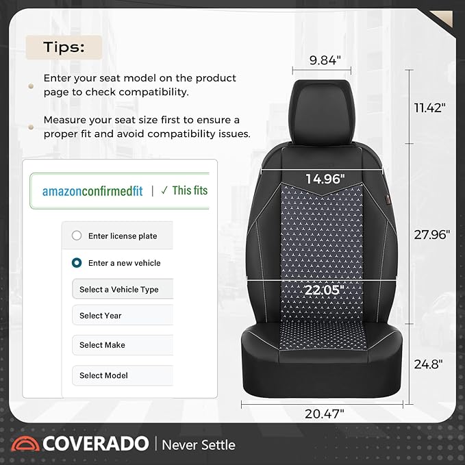 Coverado Car Seat Covers 5 Seats, PU Leather Seat Covers Fullset, Printed Breathable Mesh Design, Front and Rear Car Seat Protectors, Luxury Automotive Seat Covers Universal Fit for Most Cars, Black
