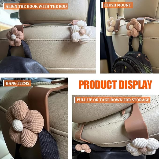 4PCS Car Headrest Hooks, Purse Hook for Car, Cute Flower Auto Backseat Organizer Hanger for Purse Grocery Bag Coat, Auto Seat Back Organizer Storage Hanger Holder Fit Vehicles (Orange/Beige)
