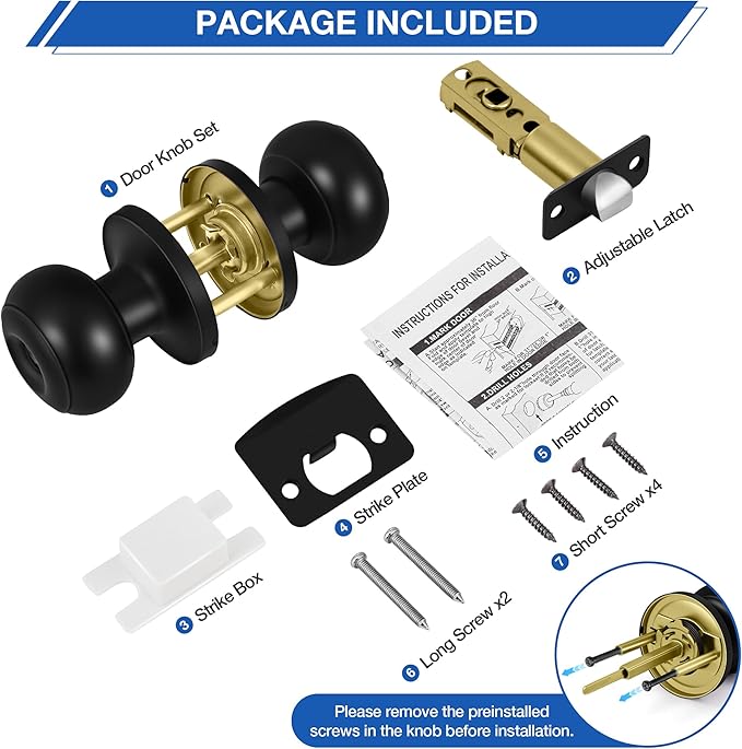 Plustool 5 Pack Matte Black Door Knobs, Privacy Door Knob with Lock, Interior Doorknobs with Round Ball, Keyless Door Lockset for Bedrooms Bathrooms