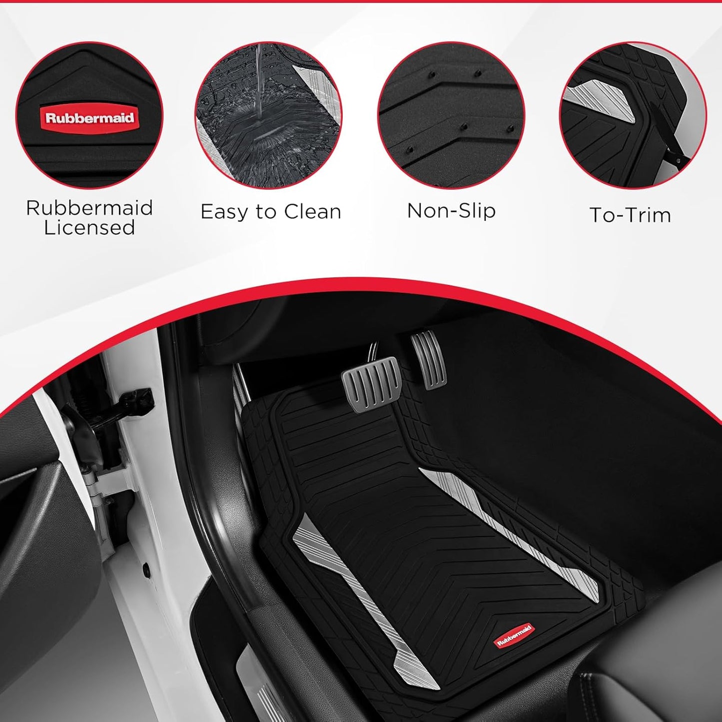 Rubbermaid Car Floor Mat, Heavy Duty All-Weather Car Mats Full Set with Dual-Tone Sliver Aluminum Inserts – Universal Fit, Anti-Slip Backing, Trim-to-Fit for Most SUV, Sedan, Van