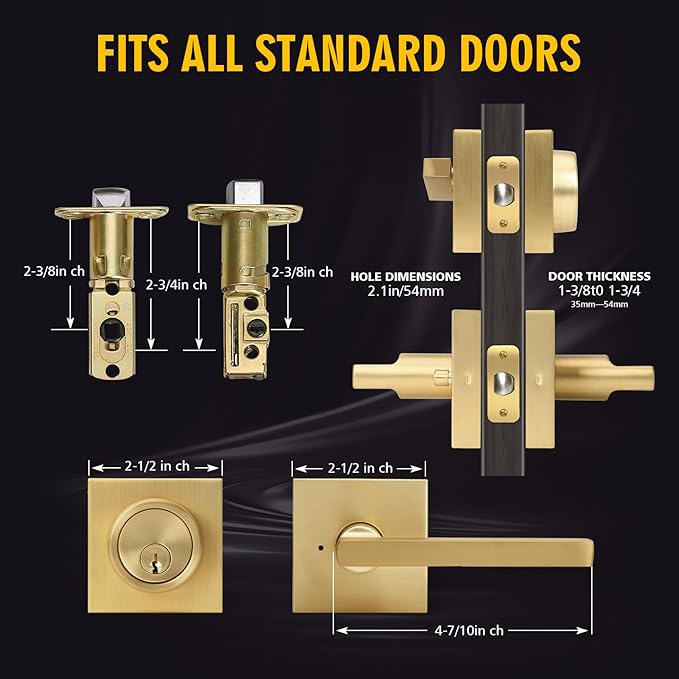Gold Heavy Duty Privacy Lever Door Handle and Single Cylinder Deadbolt Lock and Key Combo Pack - Locking Lever Set for Left or Right-Handed Doors - Exterior Door Levers - Satin Brass,2pack