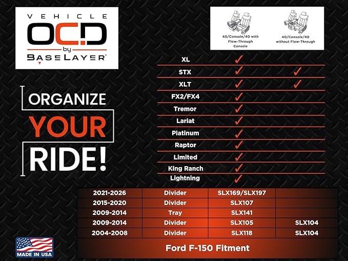 Vehicle OCD - Center Console Organizer for Ford F150 (2021-2026) (Full Console w/Bucket Seats ONLY) - Made in USA - Select 2024-2026 Models - SLX169