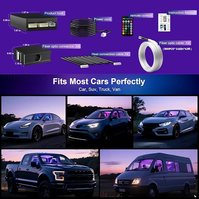 Split Starlight Headliner Kit - 800pcs 0.02in 4.9ft Fiber Optic RGBW Star Lights for Car with 4 Light Heads 16W Engine Easy to Hide,Flexible Wiring,APP/Remote Control for Car Roof Ceiling