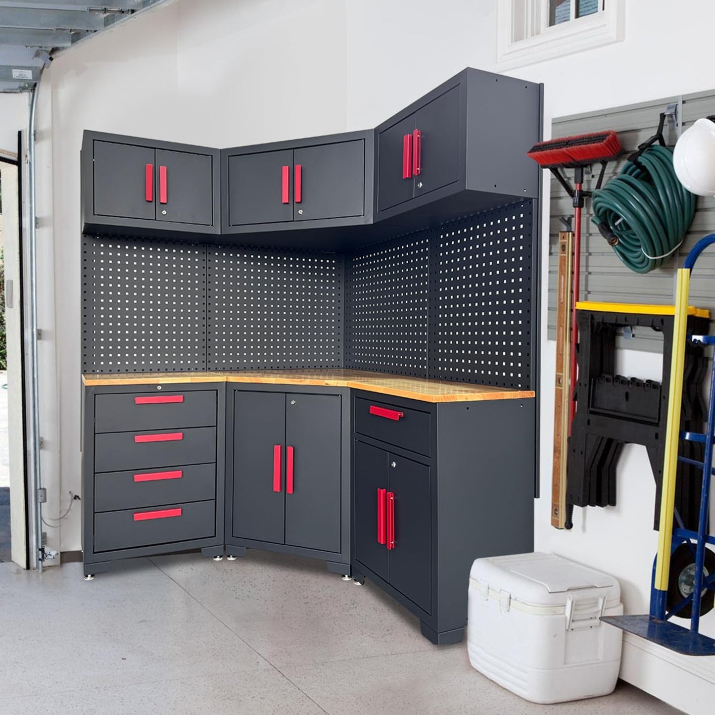 Corner Workshop Set - 10-Pcs Garage Cabinets and Storage System with Corner Cabinet, Cabinet Drawers, Workbench, Pegboard for Tool Organization, Red and Black