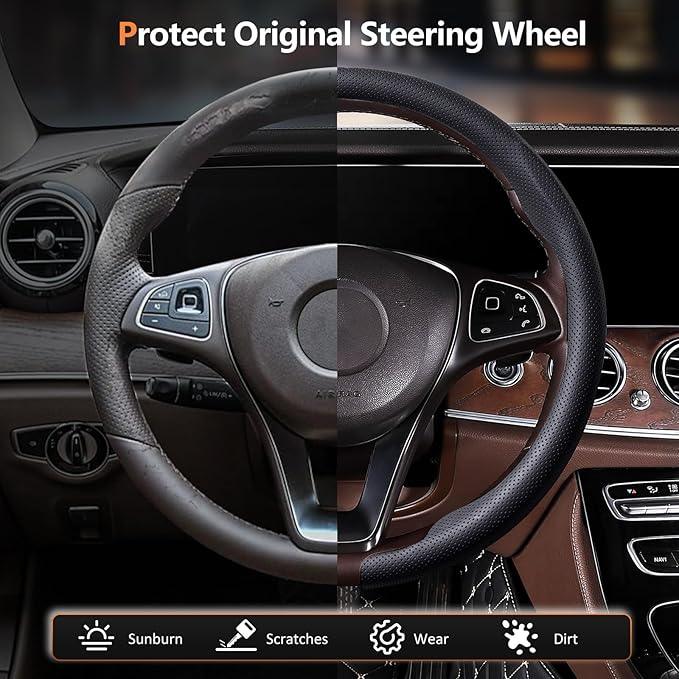 Aimato Car Steering Wheel Cover 2 Piece Non-Slip Clip on Microfiber Leather Steering Wheel Cover,Ultra-Thin Breathable,Universal Fit 14.5"-15" Wheel,Black