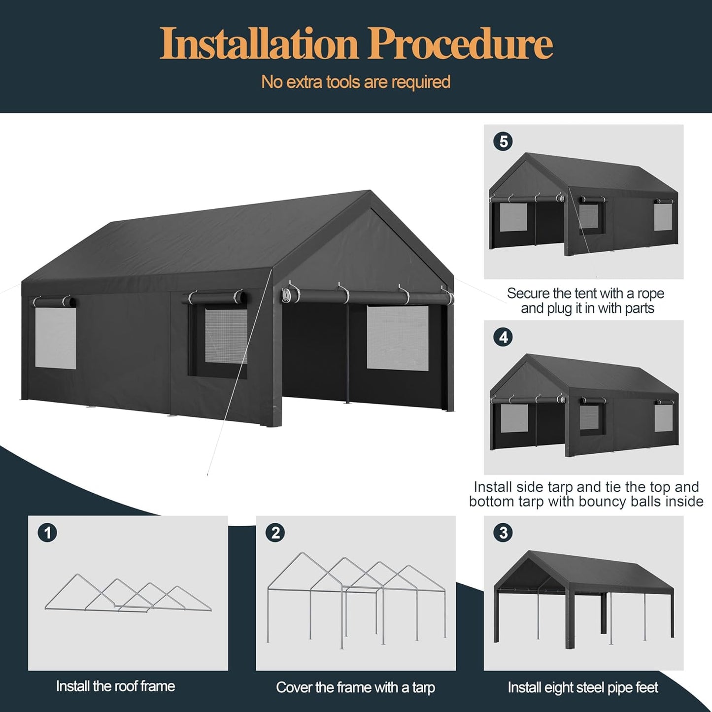 Shintenchi Carport 10' x 20' Heavy Duty Portable Garage, Carport Canopy with Side-Opening Door & Roll-Up Windows, Car Canopy for Truck,Car,Boat,Grey
