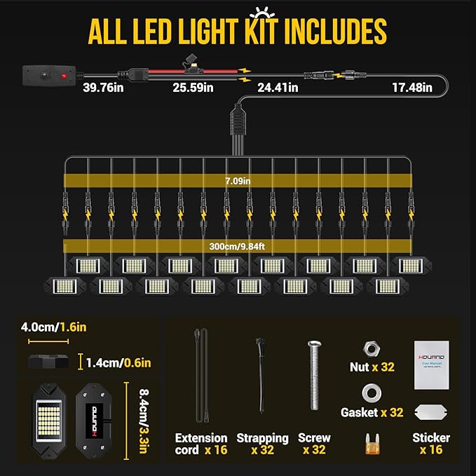 Hovano 16Pods Alloy White Rock Lights Kits with Extension Wires,6000K Pure White Color 42 LED Super Bright Chips IP68 Waterproof Underglow Kit for Pickup Off Road Trucks SUV ATV UTV Golf Car Boat
