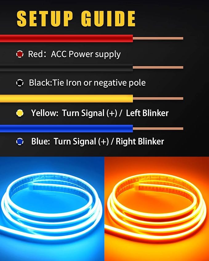 Sequential Turn Signal Led Light Strip Dynamic Scan Start Up Hood Lights Flexible DRL Daytime Running Light for Car,Truck,SUV,Dual Color Amber Ice Blue Flowing Switchback 12V 47inch /1.2M (1Set)
