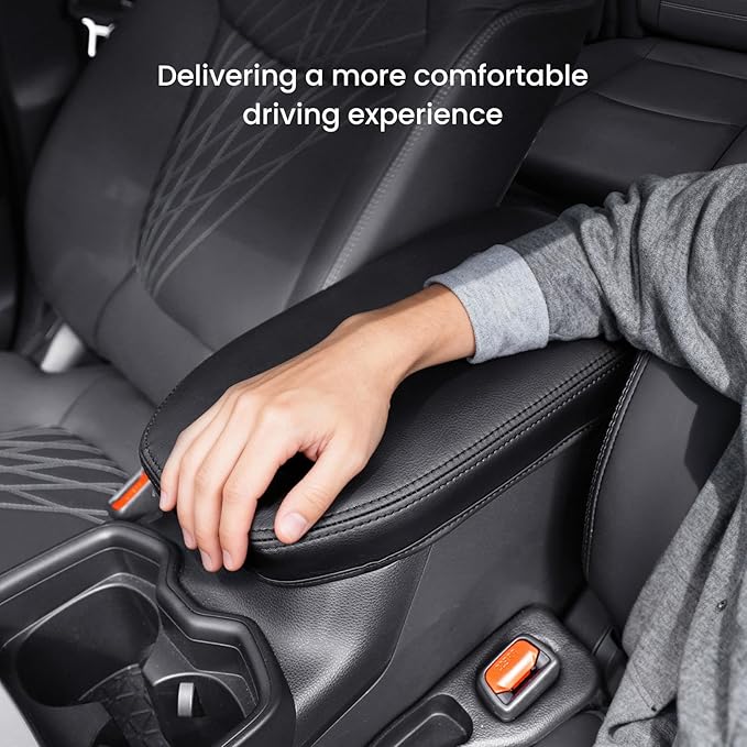 Center Console Cover for Toyota RAV4 2019-2025, Upgraded PU Leather Armrest Cover for RAV4 Adventure/Hybrid/XLE/LE/Limited/TRD Off-Road/Premium/XLE Premium (Black Stitching)
