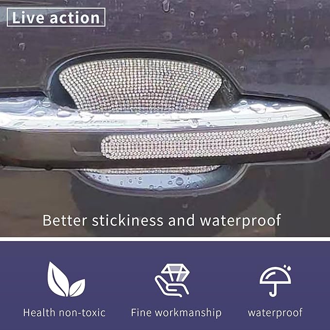 INSAUTO 8 Pieces Bling Car Door Handle Scratch Protector, Universal Rhinestone Car Stickers for Women, Automotive Exterior Accessories (Silver)