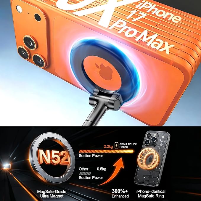 Black Magnetic Phone Holder for Car, Vacuum Suction & 3000gf Magnet, 360° Adjustable Dashboard Mount, Compatible with iPhone & Android