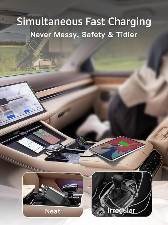 Retractable Car Charger USB C,145W Type C Car Charger Fast Charging with Dual Retractable USB C Cable and USB Ports for iPhone 17/16/15,S25/24/23/22, Pixel 9/8/7๏ผBuild-in Dual Type C Cable๏ผ