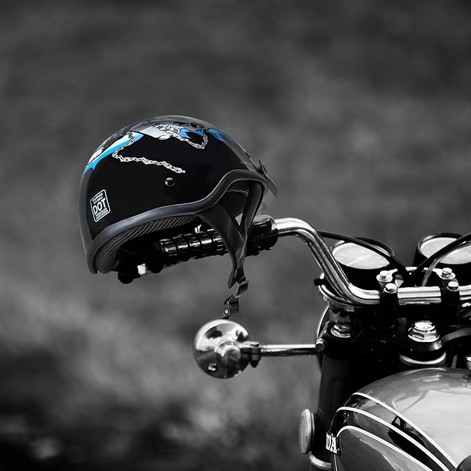 Cartman Cruiser Scooter Motorcycle Half Face Helmet, Blue Skull Graphics, DOT Approved for Bike Scooter ATV UTV Chopper, Small