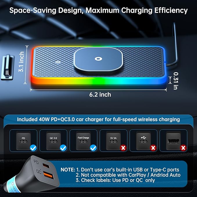 RGB Wireless Car Charging Pad for Magsafe, REESTECQI 15W LED Magnetic Wireless Charger for Car Non Slip Type C Charging Mat with 40W Car Charger Compatible with iPhone 17-12, Airpods (30CM Cable)