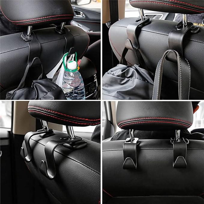 Car Back Seat Headrest Hooks, 4PCS Vehicle Backseat Storage Organizer Hanger, Multifunctional Auto Headrest Hidden Hook Universal for Handbag Purse Backpacks Bags and Groceries (Brown)