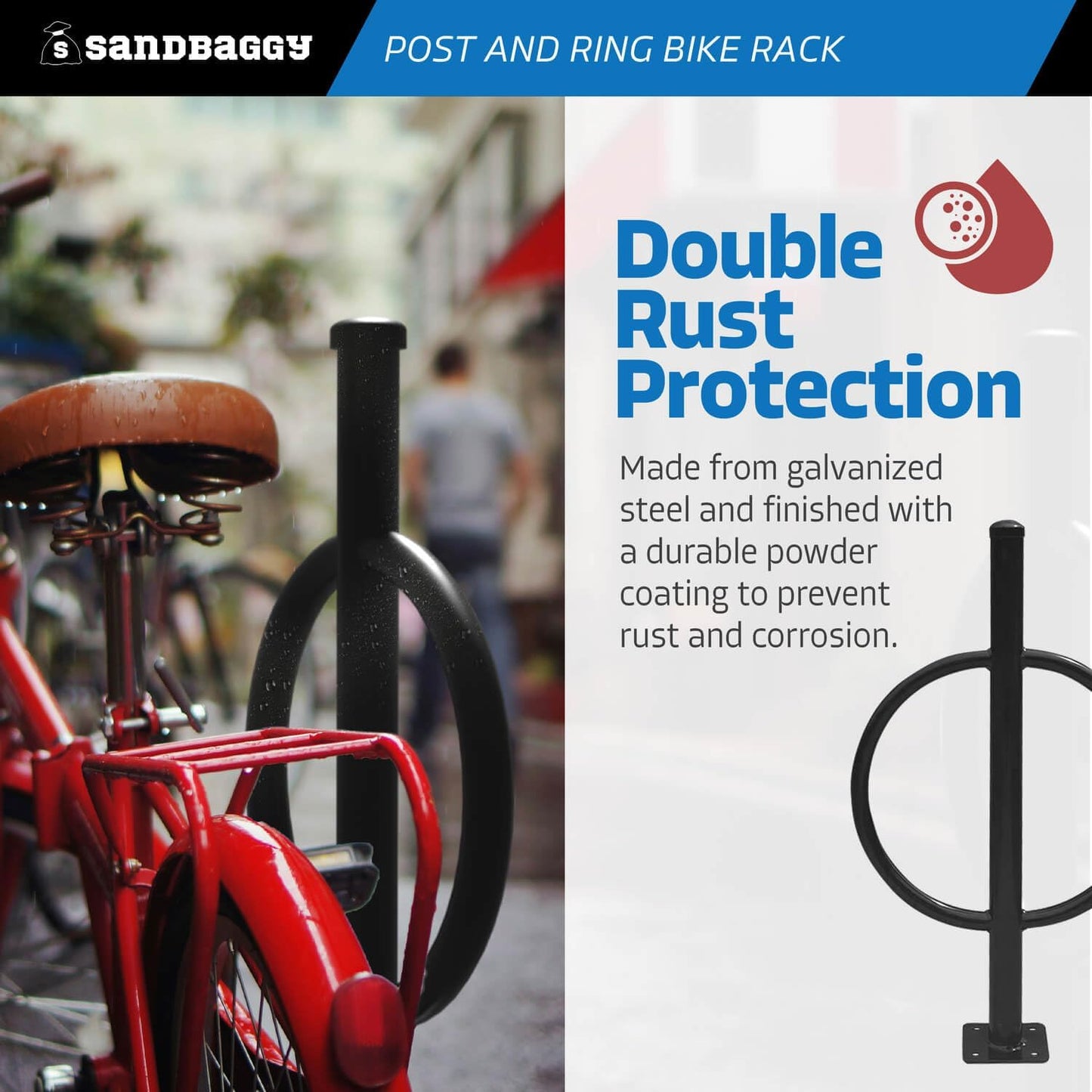 Sandbaggy Post and Ring Bike Rack - Commercial Bike Racks - Galvanized Steel - Anti-Theft Design - In Ground, Apartments, Sidewalks, Industrial (Red, 10)