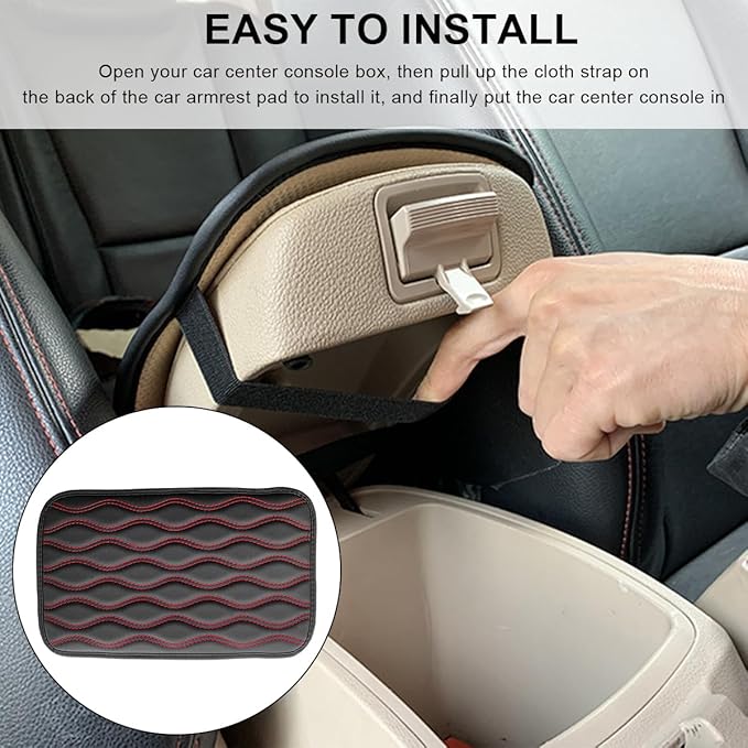 Car Center Console Cushion Pad, 12.48×7.40 Inches Waterproof Car Armrest Seat Box Cover, Comfortable PU Leather Vehicle Armrest Cover Protector, Car Decor Interior Accessories (Black+Red)
