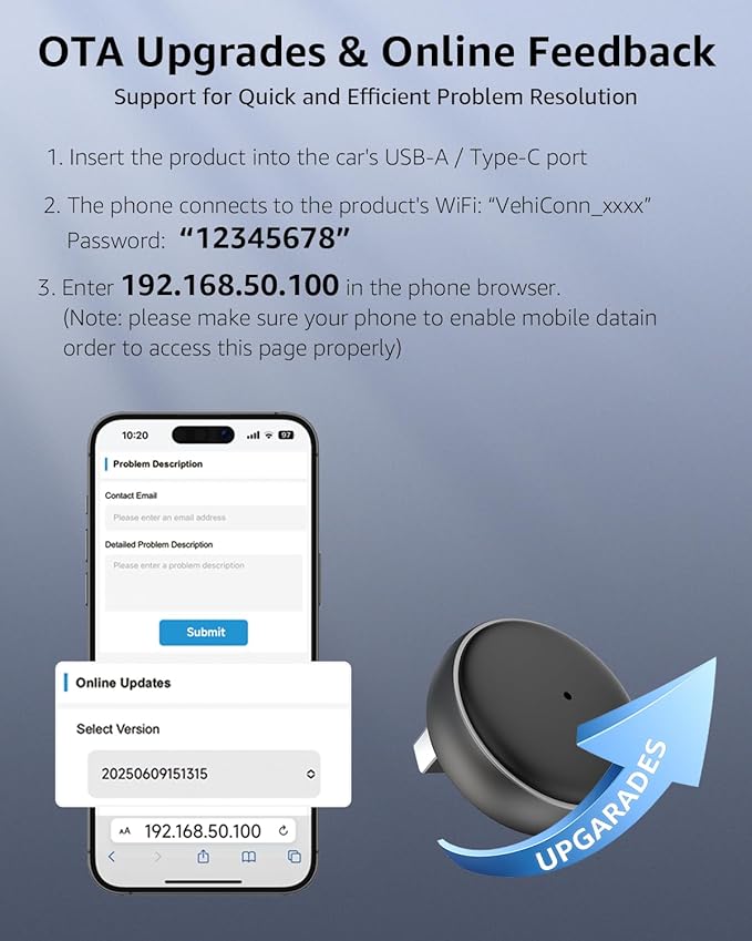 2-in-1 Wireless CarPlay & Android Auto Adapter, 50% Smaller, Converts Wired to Wireless, Zero Latency, Auto-Connection, Plug & Play Adapter for Apple iPhone iOS 10+ & Android 11+
