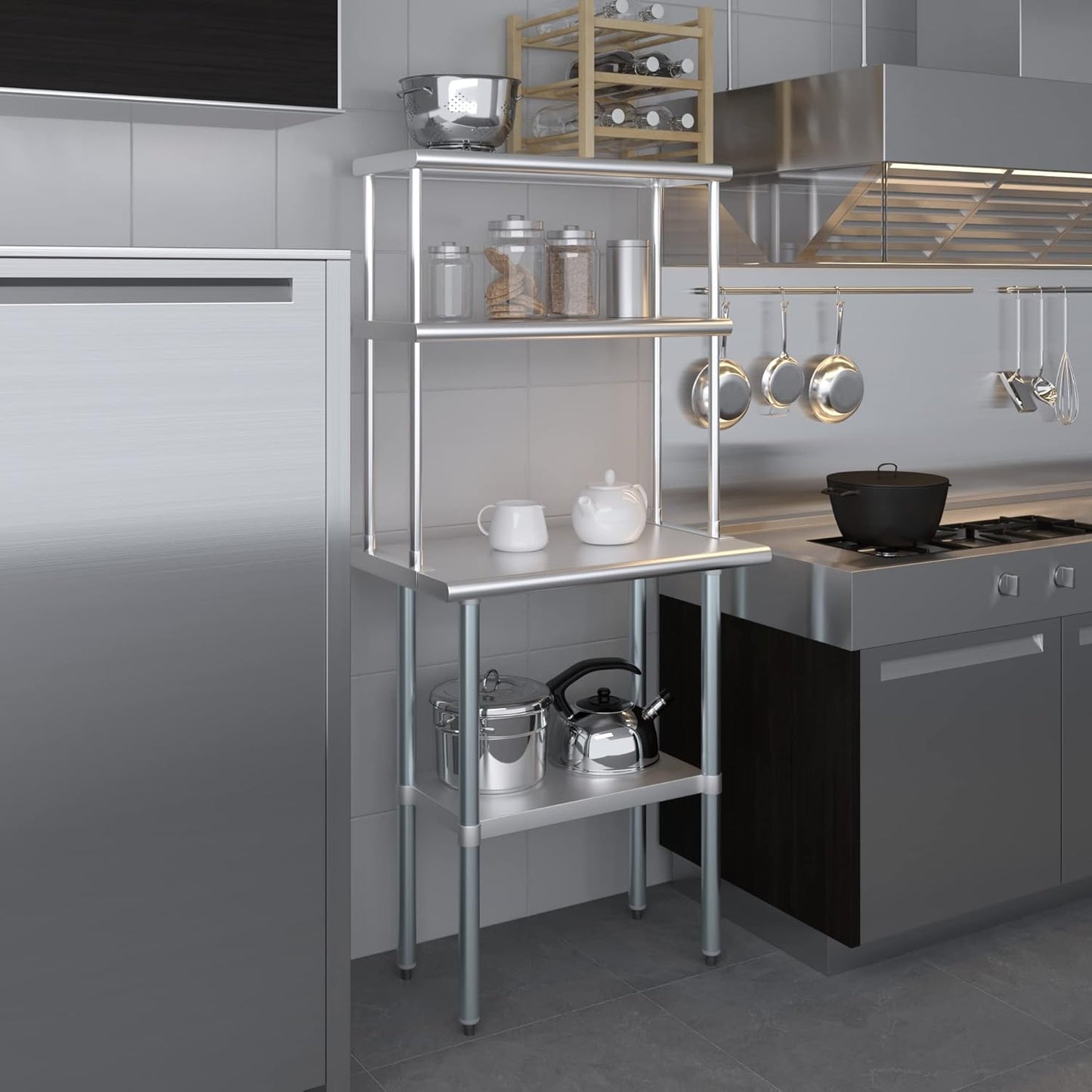 AmGood Stainless Steel Work Table Double Tier Overshelf | 18" x 30" Work Table + 12" Overshelf