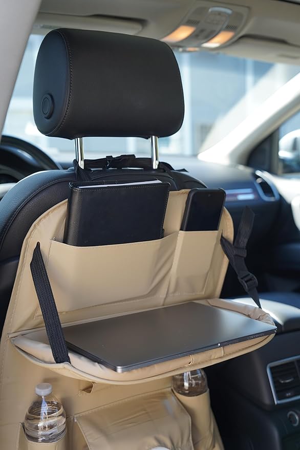 Luxury PU Leather Car Backseat Organizer with Foldable Table β Multi-Functional Car Seat Storage. Waterproof Travel Back Seat Organizer with Cup Holders, Tissue Box & Tablet Pocket (Coffee)