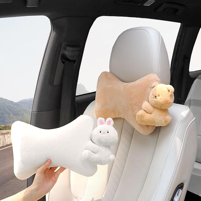 Car Headrest Pillow 2PCS Plush Bear & Bunny Car Seat Headrest Pillow - Memory Foam Neck Support Cushions for Comfortable Driving, Easy Install & Washable (Bear+Rabbit)