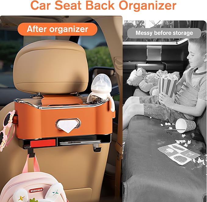 Multifunctional Car Seat Back Storage Box, Universal Car Seat Organizer, Car Seat Tissue Box and Organizer, Car Seat Paper Towel Organizer, Car Organizer with 2 Drink Cup Holders (Black)