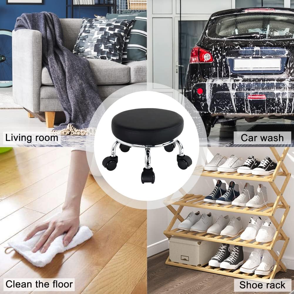 Modern Roller Seat PU Leather Low Round Rolling Stool 360 Swivel Small Stool with Universal Caster Wheels for Home Office, Garage, Shop, Fitness, Sport (H: 8.6", Black)