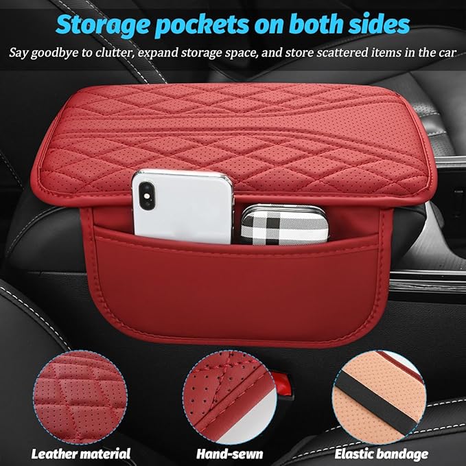 Car Center Console Cover, Leather Vehicle Armrest Box Pad with 2 Storage Bags, Automotive Interior Arm Rest Cushion Protector Accessories, Universal for SUV Sedan Truck (Beige)