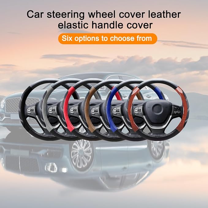 Mandark Car Steering Wheel Cover, Elastic Sport Leather Vehicle Steering Wheel Protector, Non-Slip Soft Grip Padded Auto Interior Protective Accessories, 14.5-15 Inch Universal Fit(Wooden Coffee)