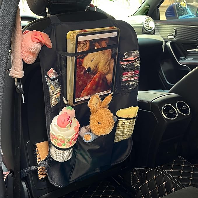Car Backseat Organizer with 12 Storage Pockets, 12" Touch Screen Tablet Holder, Waterproof Kick Mats Seat Protector, Car Organizers and Storage for Kids, Road Trip Essentials(2 Pack,Black)
